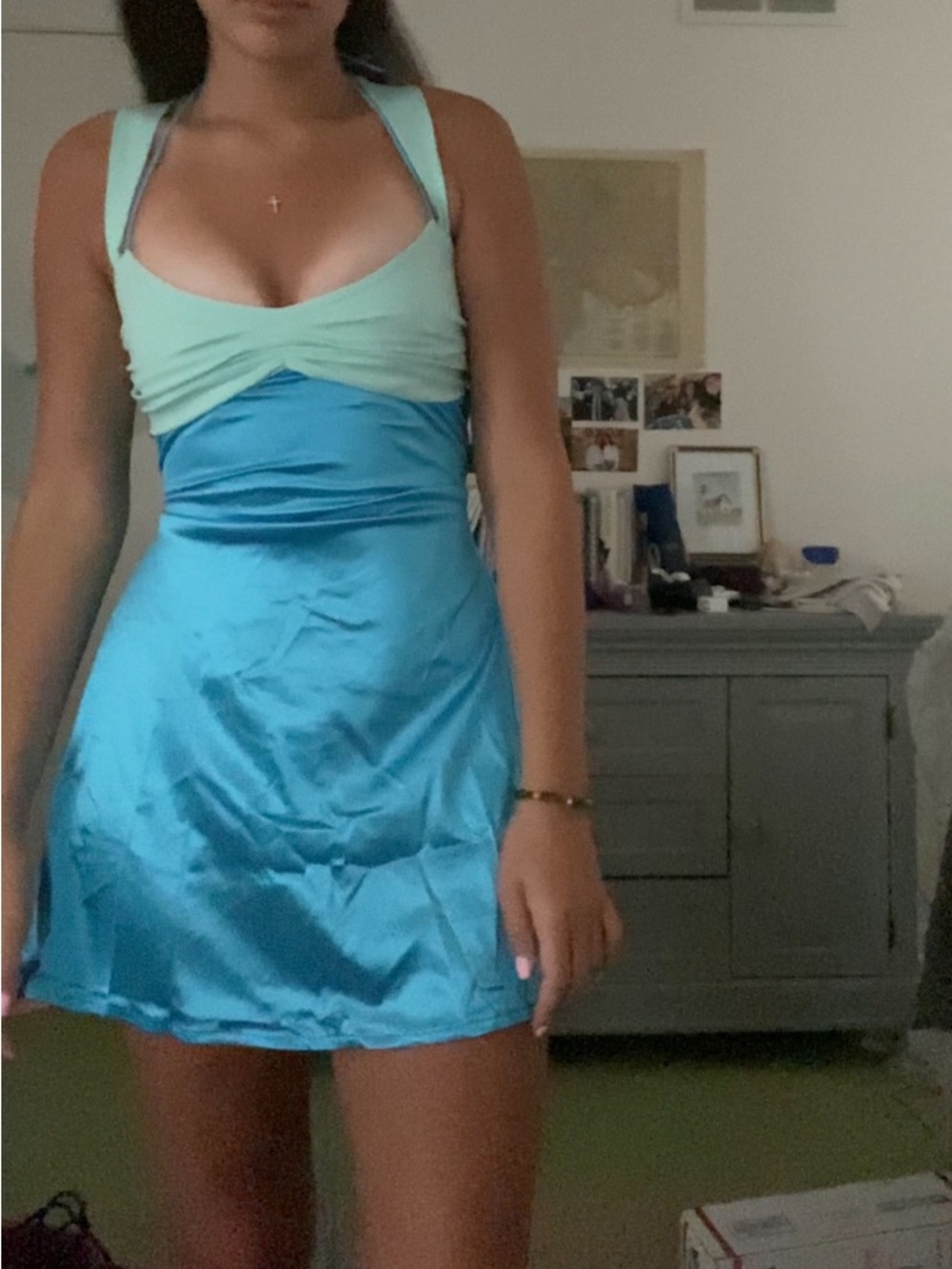 Edikted Mint and Aqua Two-Tone Satin Mini Dress